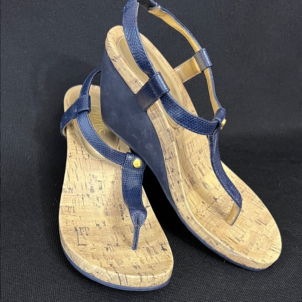 Chaps Navy and Tan Wedge Sandals